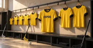 Esport Oilersin seurayhteisöä kuvaavassa kuvituksessa erikokoiset keltamustat pelipaidat riippuvat pukuhuoneessa salibandymailojen ja pallon vieressä, ja keskimmäisessä paidassa lukee Espoo.