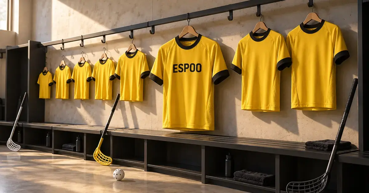 Esport Oilersin seurayhteisöä kuvaavassa kuvituksessa erikokoiset keltamustat pelipaidat riippuvat pukuhuoneessa salibandymailojen ja pallon vieressä, ja keskimmäisessä paidassa lukee Espoo.