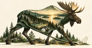 Happeen historiaa ja uutta alkua symboloiva hirviaiheinen kuvitus, jossa yhdistyvät järvimaisema, metsä, salibandykenttä, maila ja pallo.