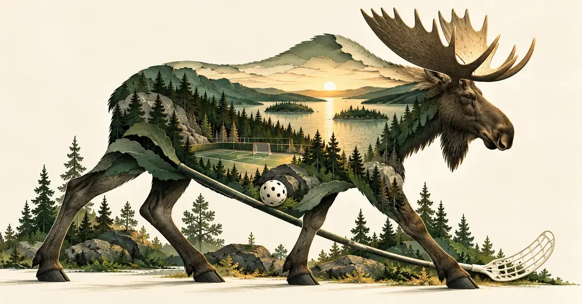 Happeen historiaa ja uutta alkua symboloiva hirviaiheinen kuvitus, jossa yhdistyvät järvimaisema, metsä, salibandykenttä, maila ja pallo.