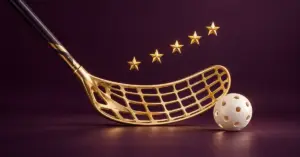 Kultainen salibandymailan lapa, valkoinen rei’itetty pallo ja viisi kultaista tähteä symboloivat Mika Kohosen menestyksekästä uraa tumman violetilla taustalla.