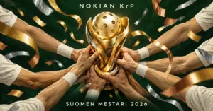 Kuvitus Nokian KrP:n vuoden 2026 Suomen mestaruudesta: pelaajien kädet nostavat kultaista salibandypokaalia pronssisten, hopeisten ja kultaisten juhlanauhojen keskellä.
