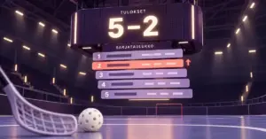 Salibandyhallin tulostaululla näkyy esimerkkitulos 5–2 ja sen alla sarjataulukkoa kuvaavat sijoitusrivit, etualalla salibandymailan lapa ja pallo.
